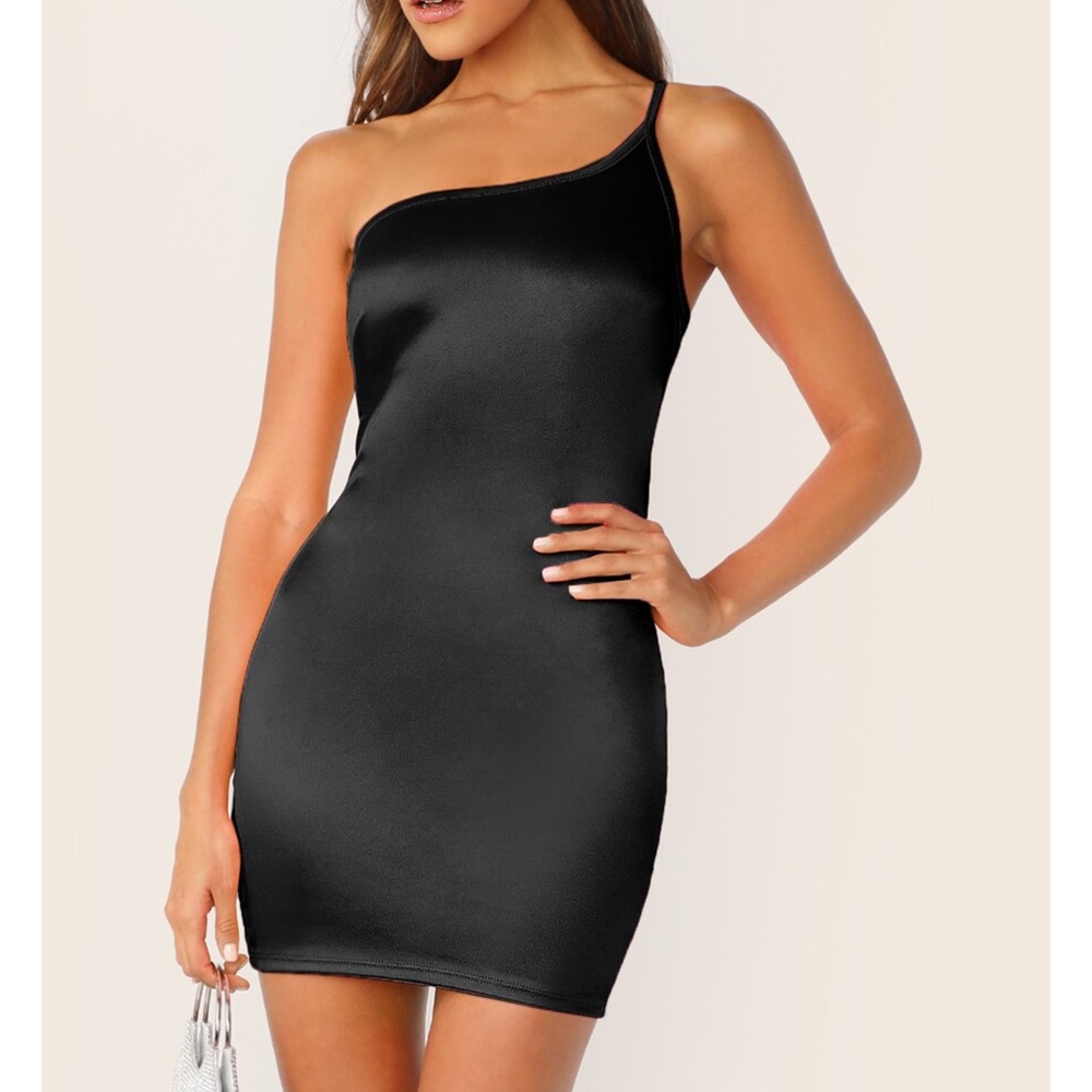 One Shoulder Satin Little Black Dress
